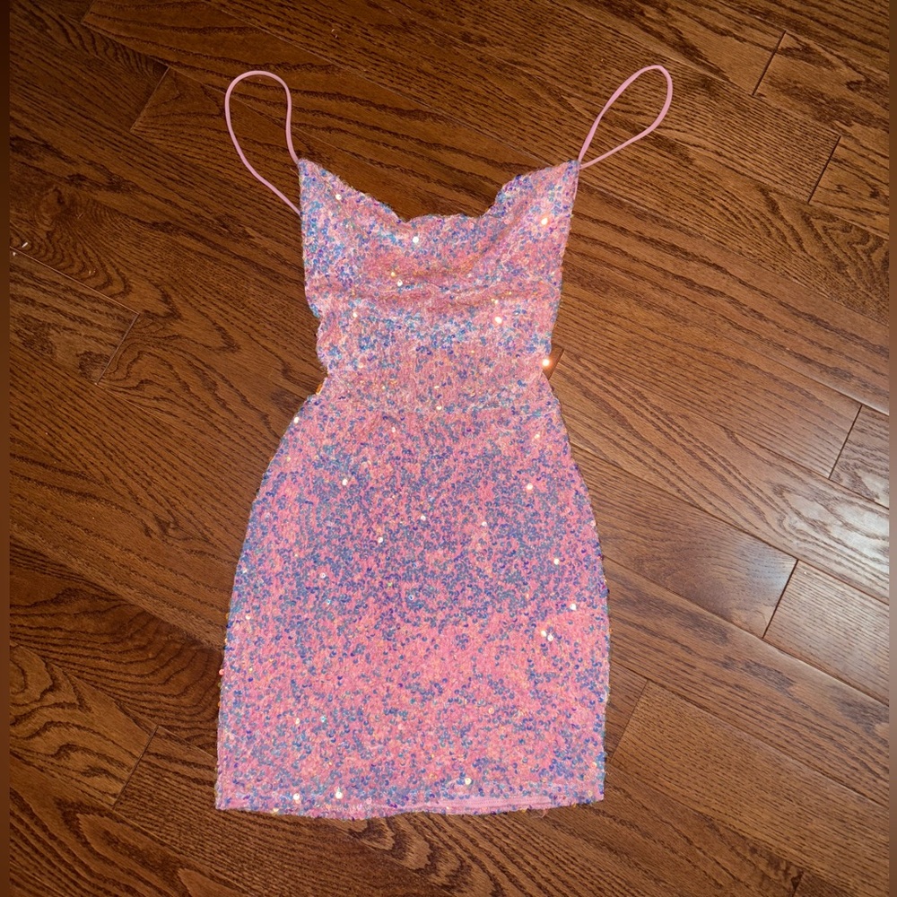 Pink, cowl neck, backless, sequin, Lucy In The Sky, XS